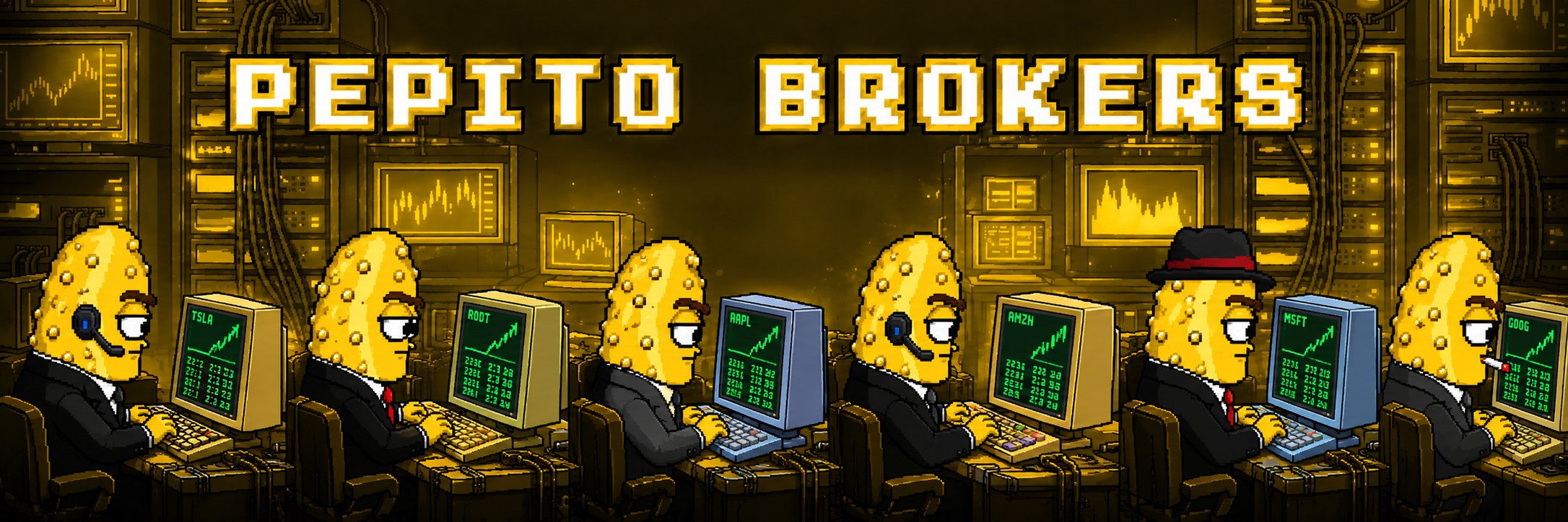 Pepito Brokers banner: a row of yellow cucumber brokers in black suits typing at retro computers with green stock charts on the trading floor