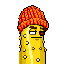 Cucumber in a knitted orange beanie with one red cyber eye
